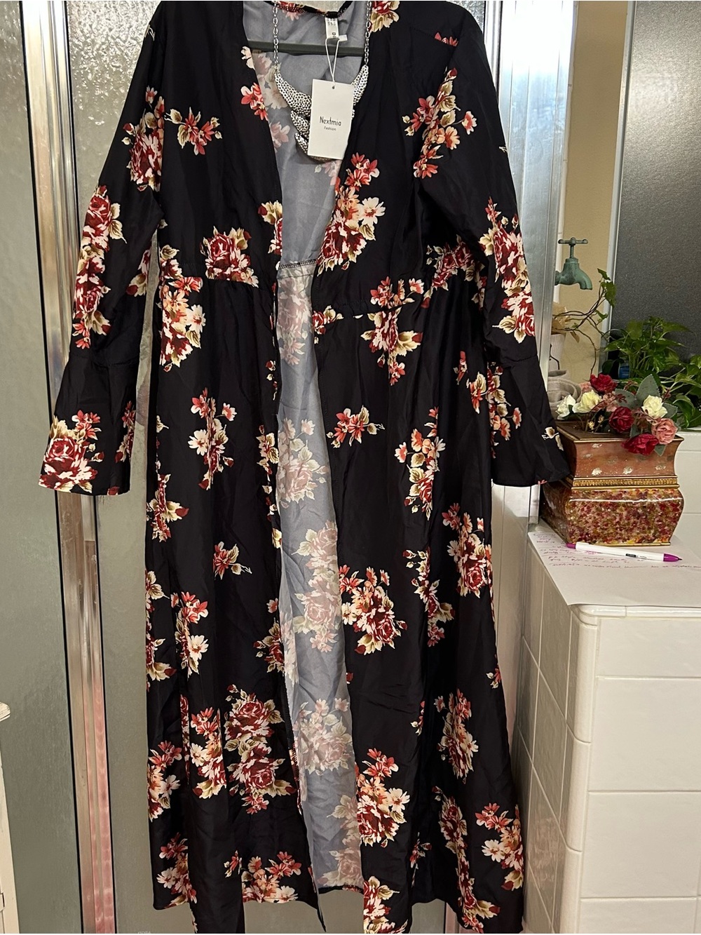 Floral Long Sleeve Black Maxi Dress with Red & Cream Blooms